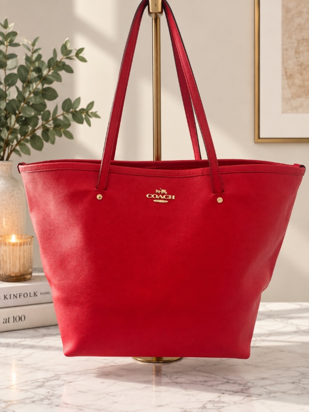 Coach Red Leather Large Tote Bag Gold Hardware